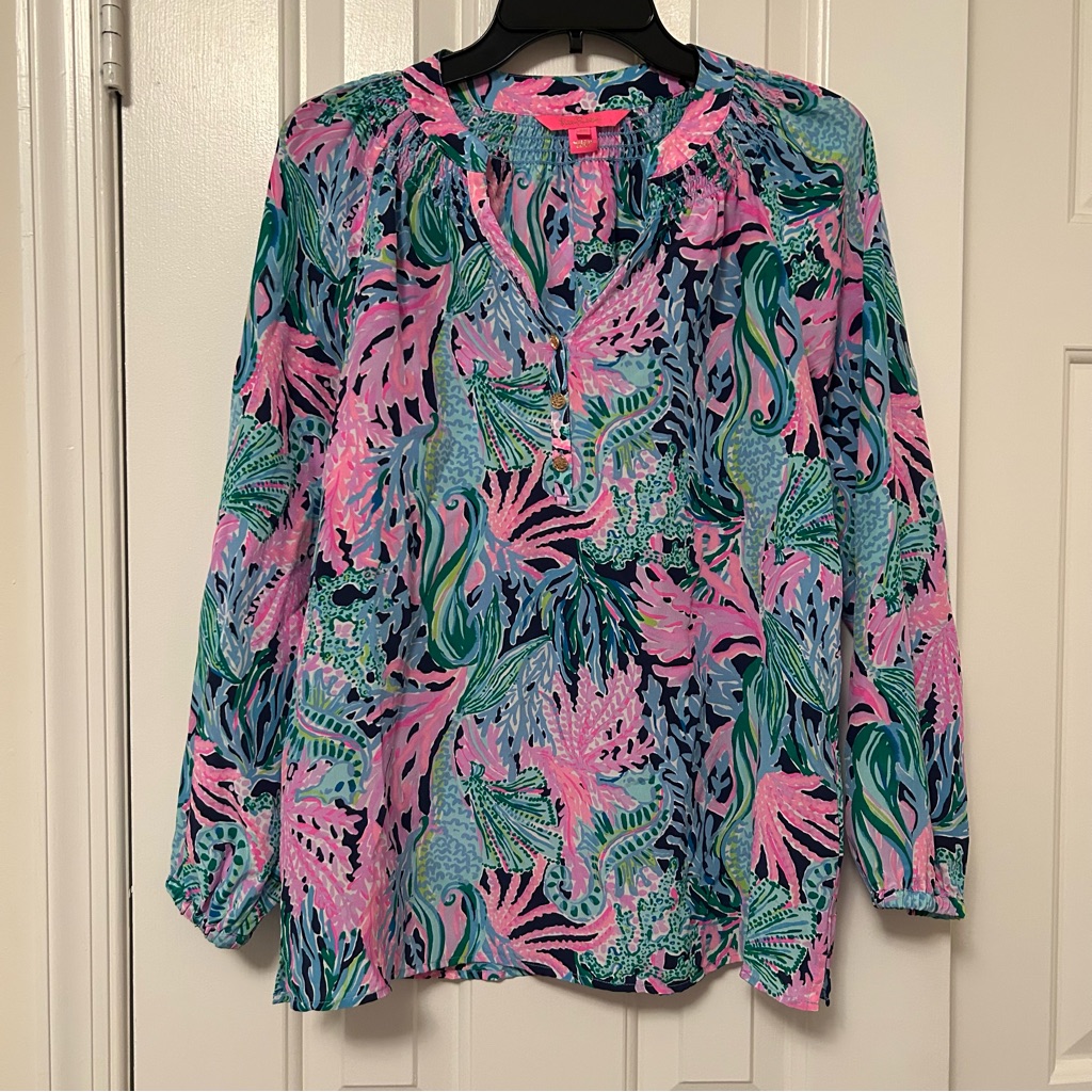 Lilly Pulitzer Elsa Navy Bringing Mermaid Back 100% Silk Top Nwot Sz Xs